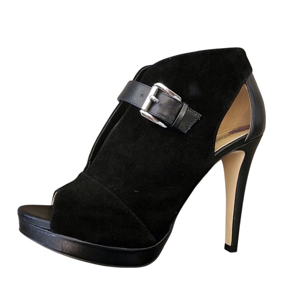 New MICHAEL Kors Black Suede Leather Isabella Open Peep Toe Heels Bootie Shoes - Picture 13 of 16